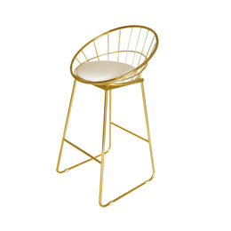 Gold metal bar stool with a white cushion on a white background