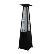 A black freestanding patio heater with a tall wire safety cage and a rectangular top cap, shown on a plain white background.