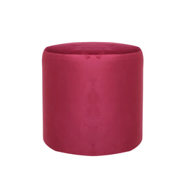 A cylindrical ottoman or pouf upholstered in a rich magenta velvet fabric.
