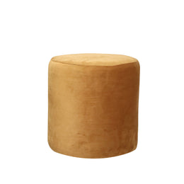 Round mustard-coloured ottoman pouf on a white background
