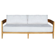 A modern three-seater sofa with a light natural wood frame and thick white cushions, shown against a plain white background.