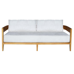 A modern three-seater sofa with a light natural wood frame and thick white cushions, shown against a plain white background.