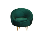 Green velvet armchair with gold legs on a white background