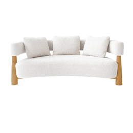 White sofa with oak wooden legs on a white background