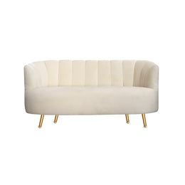 Beige striped sofa with gold legs on a white background