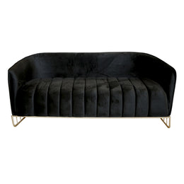 Black velvet sofa with gold legs on a white background