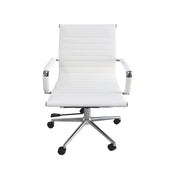 A modern white faux leather office chair with a ribbed high back, chrome armrests, and a five-star swivel base with black casters.