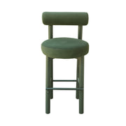 Green bar stool with cushioned seat and backrest on a white background