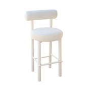 White bar stool with cushioned seat and backrest on a white background
