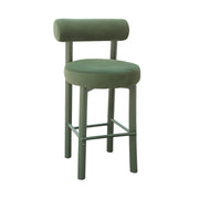 Green bar stool with cushioned seat and backrest on a white background