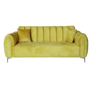Yellow sofa with decorative pillows on a white background