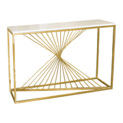 A modern console table featuring a white rectangular stone top and a polished gold metal frame with a geometric starburst design on the front.