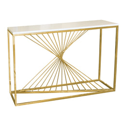 A modern console table featuring a white rectangular stone top and a polished gold metal frame with a geometric starburst design on the front.