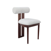 A modern dining chair with a dark brown wooden frame, featuring a cylindrical upholstered backrest and a square cushioned seat in a textured off-white fabric, shown against a plain white background.