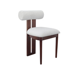 A modern dining chair with a dark brown wooden frame, featuring a cylindrical upholstered backrest and a square cushioned seat in a textured off-white fabric, shown against a plain white background.