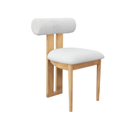 A modern wooden dining chair with a light natural wood frame and textured off-white boucle upholstery on the seat and cylindrical backrest, shown against a plain white background.