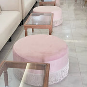 Large Ottoman Velvet Pink Pouf | Round Pink Ottoman with Fringe