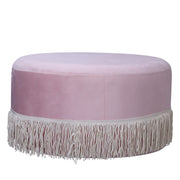 Large Ottoman Velvet Pink Pouf | Round Pink Ottoman with Fringe