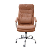 Brown leather office chair with chrome base on a white background
