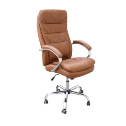 Brown leather office chair with chrome base on a white background