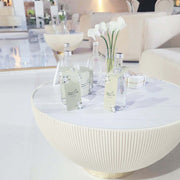 Leather Bowl White Coffee Table | Mable Top | Leather Frame Gold Accents