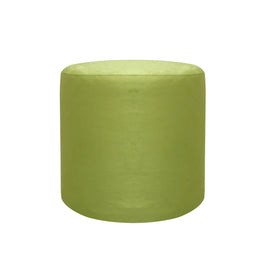 A round, low-profile ottoman or pouf in a solid light olive green fabric.