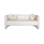 Beige sofa with decorative cushions on a white background