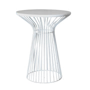A modern round cake table with a white top and a white slatted metal pedestal base, shown against a plain white background.