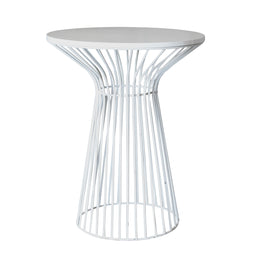 A modern round cake table with a white top and a white slatted metal pedestal base, shown against a plain white background.