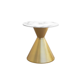 Small round table with marble top and gold base on a white background