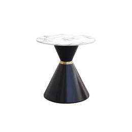 Modern side table with black base and white top on a white background