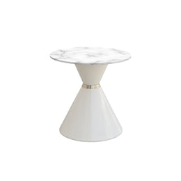 White marble top side table with a cone-shaped base on a white background