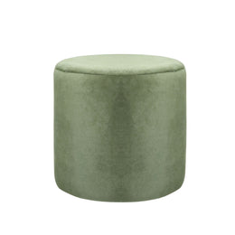 A round, cylindrical ottoman upholstered in a textured sage green velvet fabric.