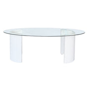 Round glass table with white ribbed base on a white background