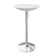White cocktail table with a chrome base on a white background