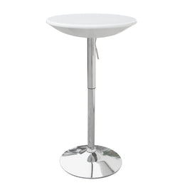 White cocktail table with a chrome base on a white background