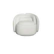 A modern white molded armchair with a rounded, sculptural design and integrated side supports.