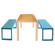 A wooden slat-top table centered between two bright blue bench-style seating pieces on a plain white background.