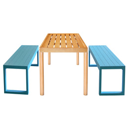 A wooden slat-top table centered between two bright blue bench-style seating pieces on a plain white background.