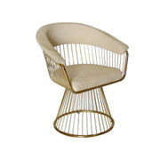 Chair with gold wire frame and beige cushion on a white background