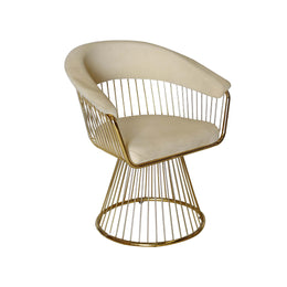 Chair with gold wire frame and beige cushion on a white background