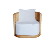 Chair with wooden frame and white cushion on a white background