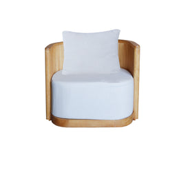 Chair with wooden frame and white cushion on a white background