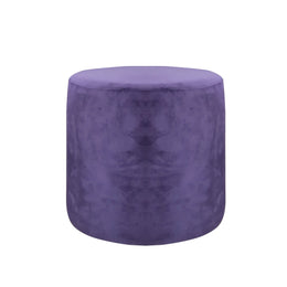 A round, low-profile cylindrical ottoman or pouf in a textured purple velvet fabric.