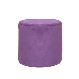 A round, cylindrical ottoman upholstered in a textured purple velvet fabric, shown against a plain white background.