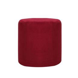 A cylindrical ottoman or pouf in deep burgundy velvet, shown from a front-facing perspective.
