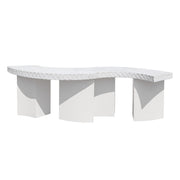 Modern white S - Shaped dinning table with geometric stone design on a white background