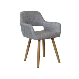 Gray upholstered chair with wooden legs on a white background