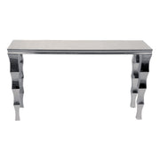 Silver console table with a reflective surface on a white background