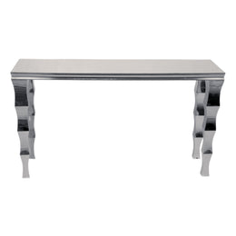 Silver console table with a reflective surface on a white background